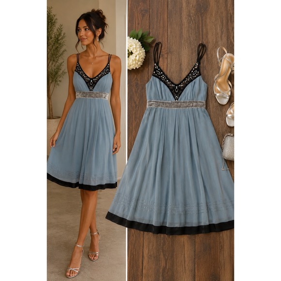 Sue Wong Dresses & Skirts - Sue Wong Nocturne Blue Silk Beaded Empire Waist Cocktail Dress Size 4